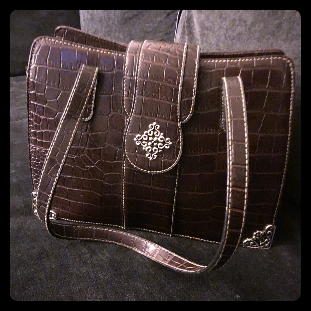 Embellished Croc Embossed Brown Shoulder Bag Silver Accent Purse - Picture 2 of 6